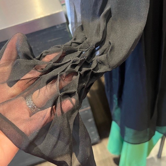 Rebecca TAYLOR NWT black smocked baby doll silk dress w/sheer sleeves size small - Picture 6 of 11